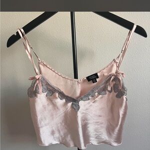 Brandy Melville Blush Pink Satin Camisole with Gray Lace Trim